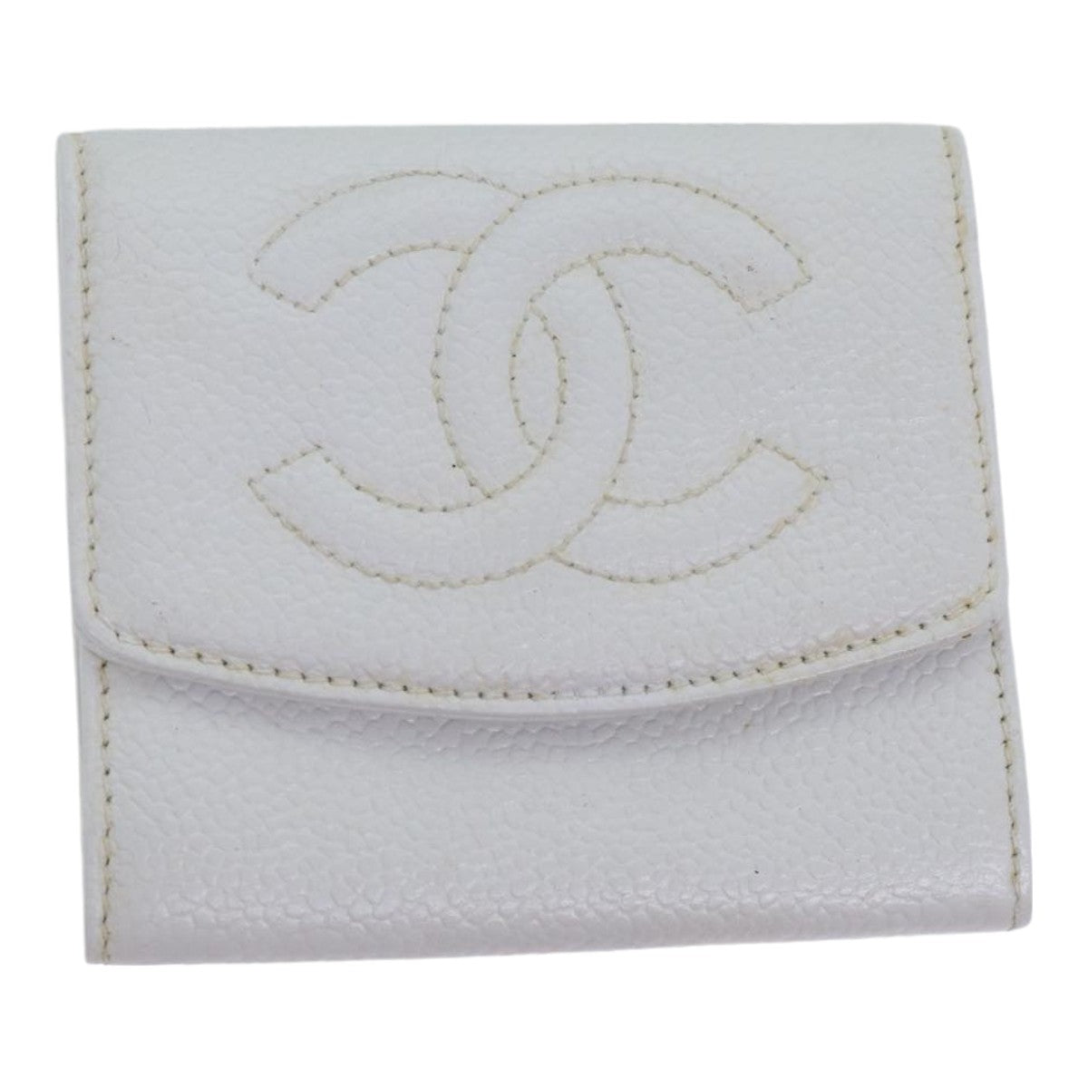 CHANEL COCO Mark Coin Purse Caviar Skin Gold White CC Auth 90864