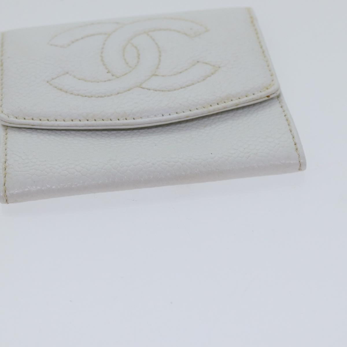 CHANEL COCO Mark Coin Purse Caviar Skin Gold White CC Auth 90864