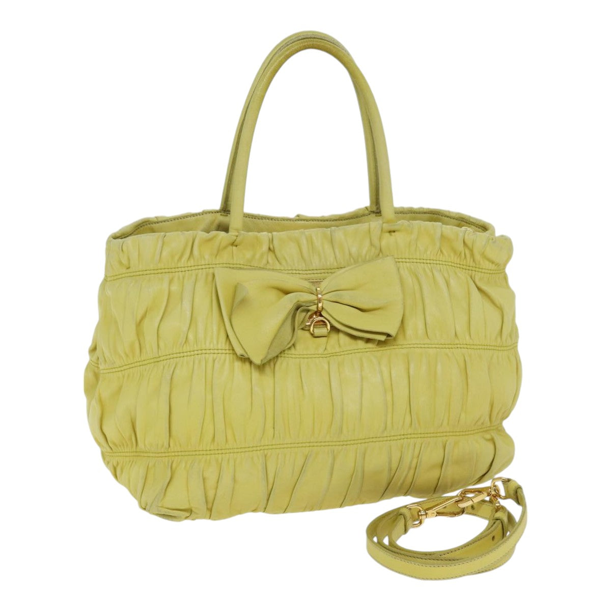 PRADA Gathered Hand Bag Leather 2way Yellow Auth 90890