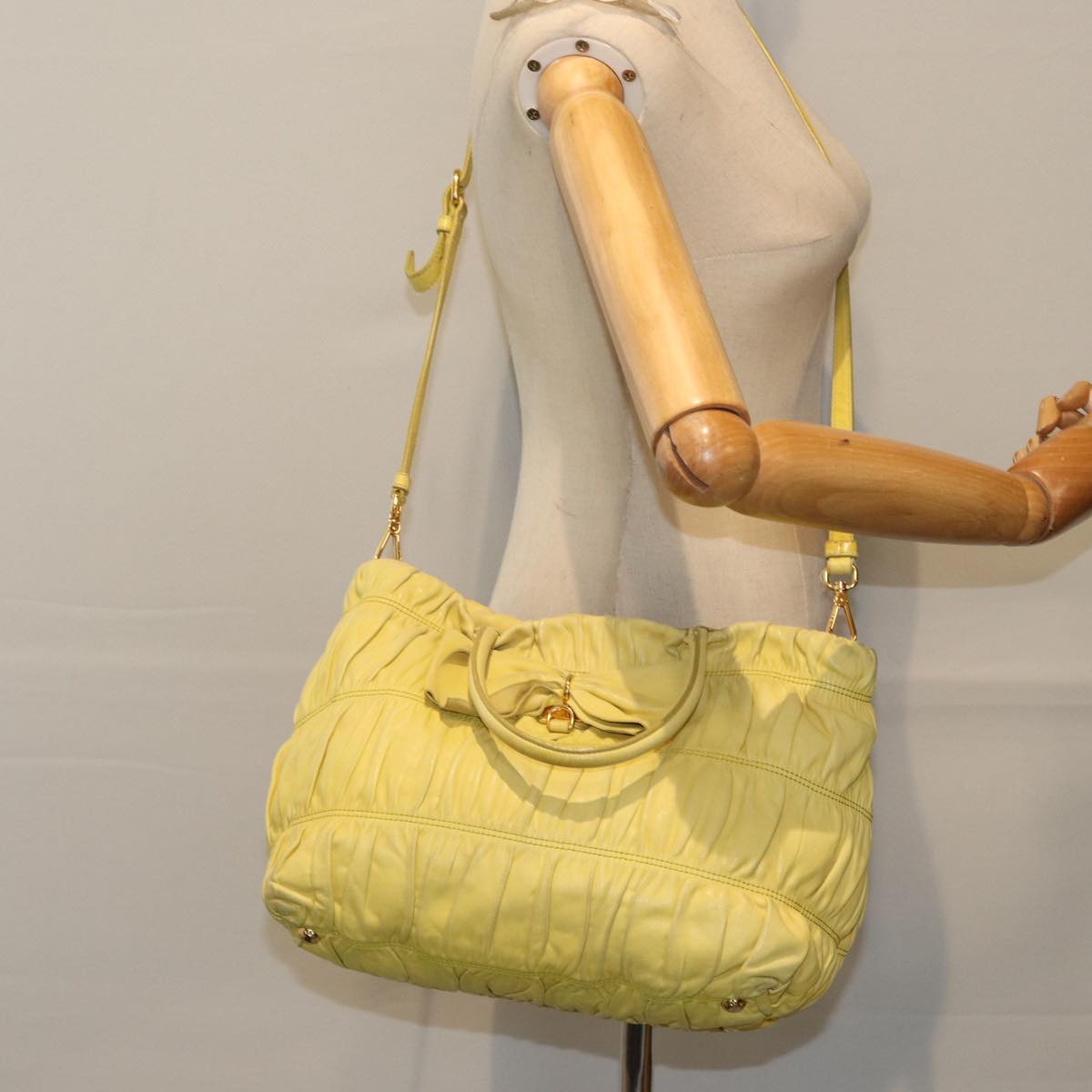 PRADA Gathered Hand Bag Leather 2way Yellow Auth 90890