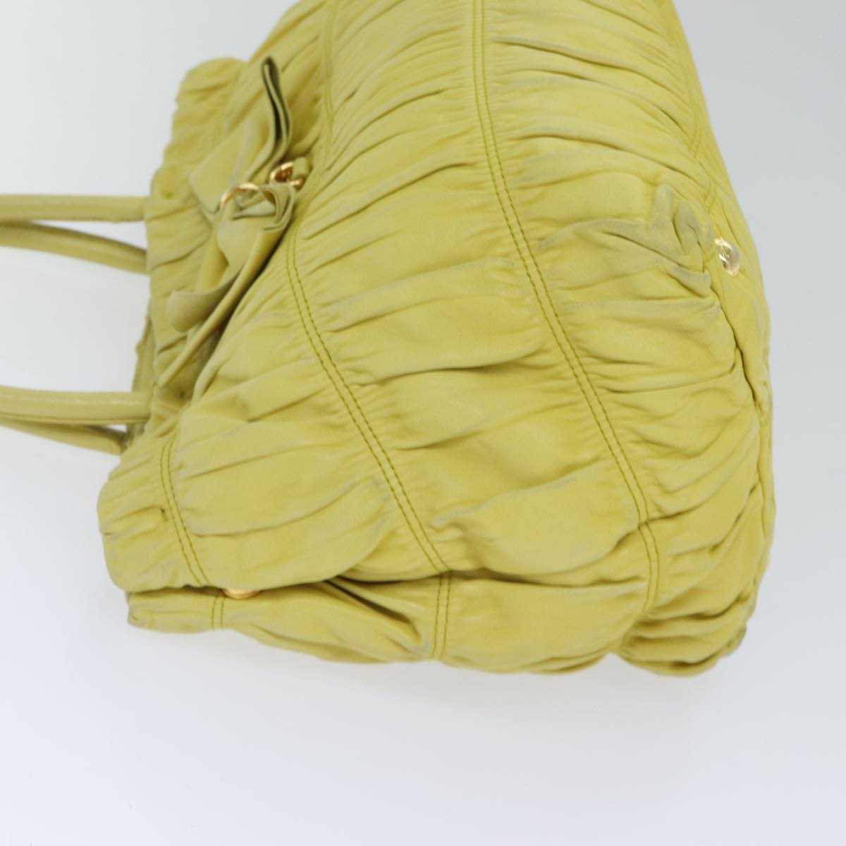 PRADA Gathered Hand Bag Leather 2way Yellow Auth 90890