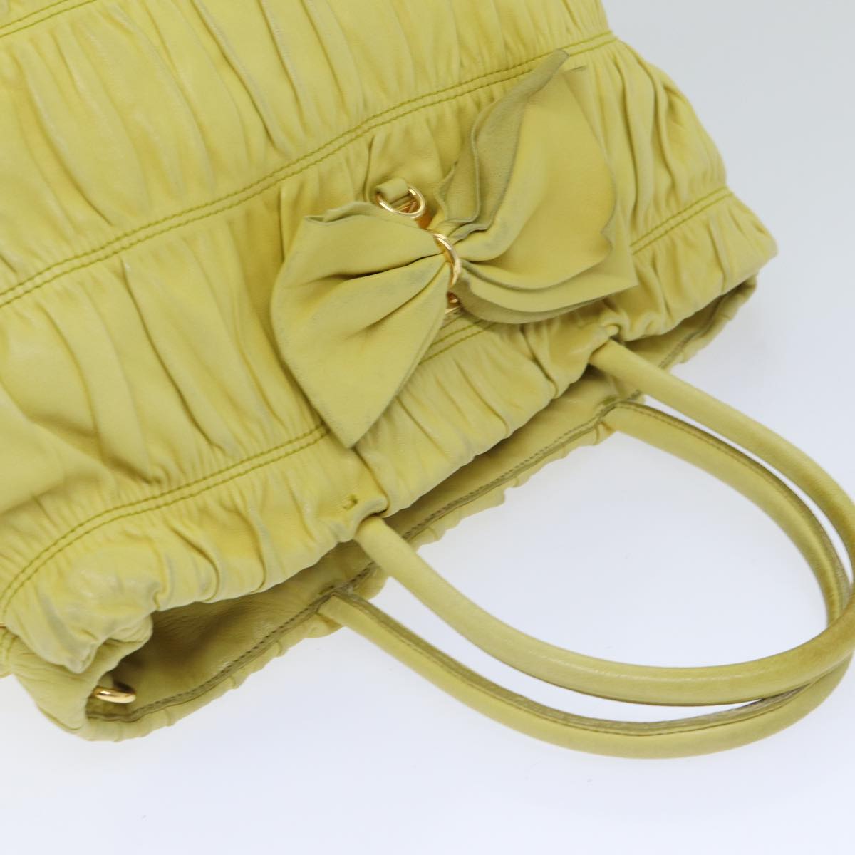 PRADA Gathered Hand Bag Leather 2way Yellow Auth 90890