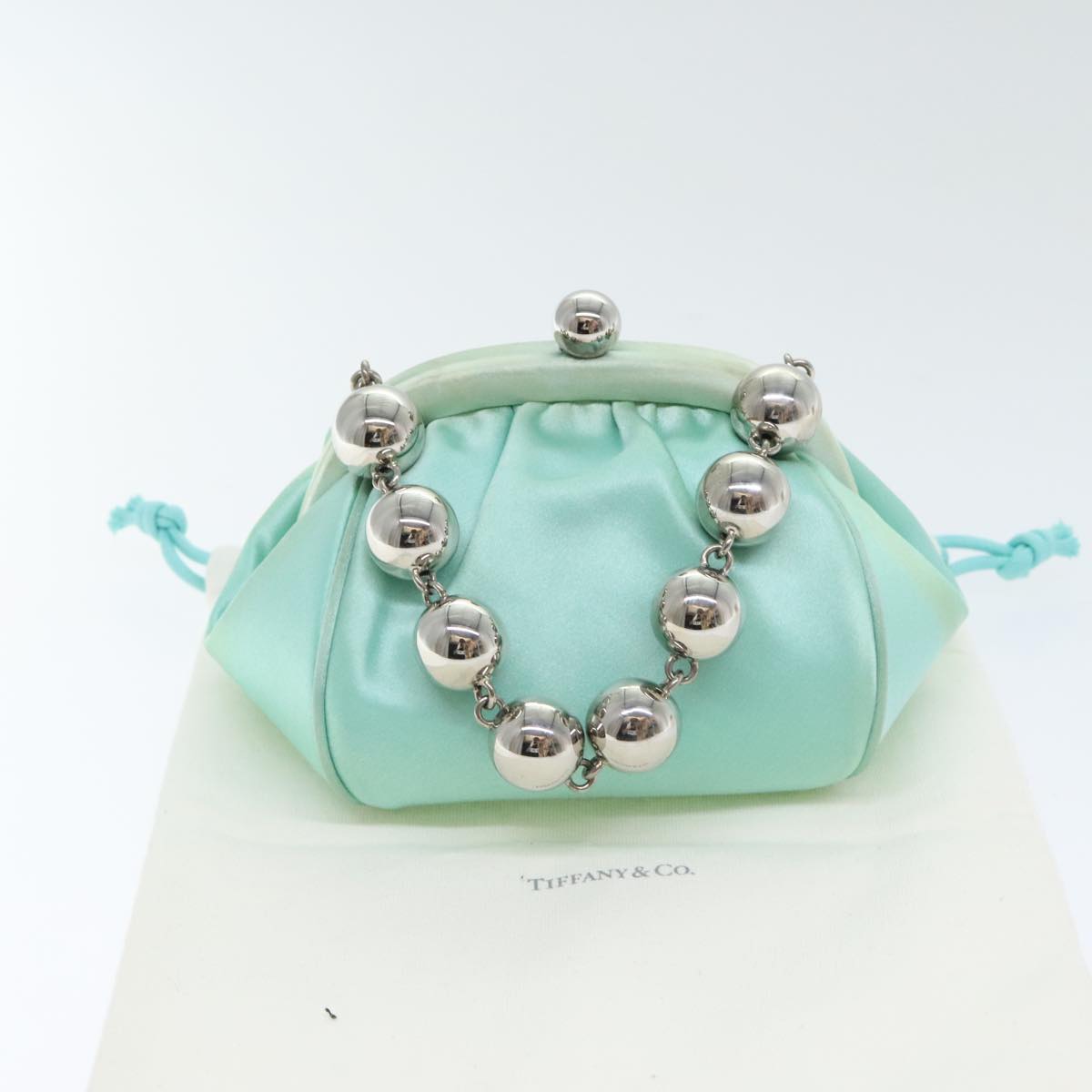 TIFFANY&Co. Hand Bag Silk Turquoise Blue Silver Auth 90936