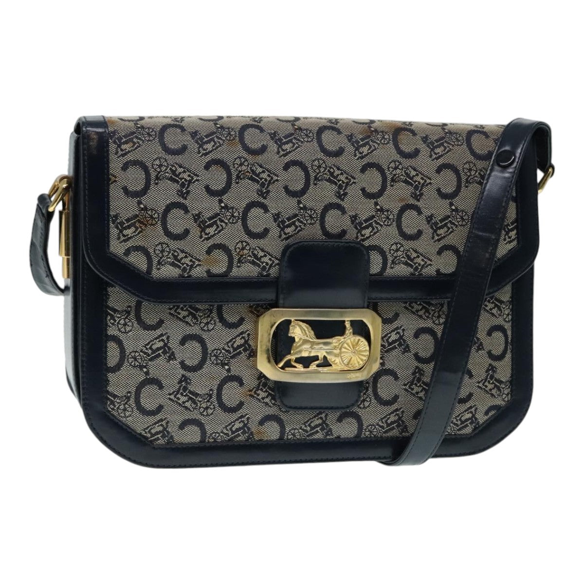 CELINE C Sulky Shoulder Bag Canvas Navy Gold Auth 90991