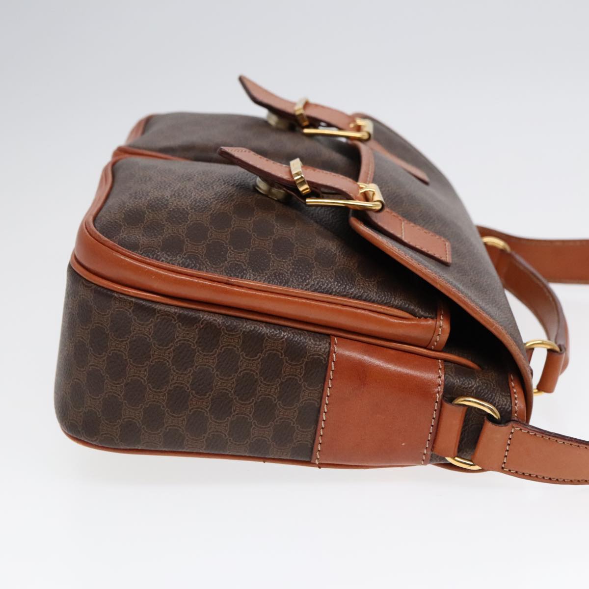 CELINE Macadam Canvas Shoulder Bag PVC Leather Brown Gold Auth 90992