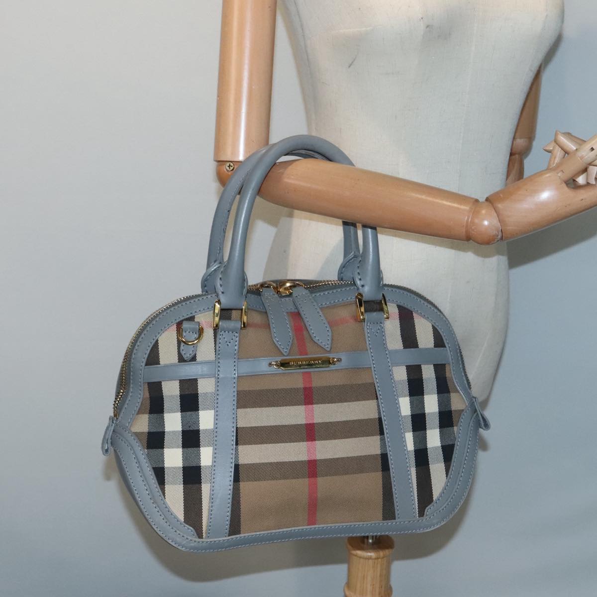 BURBERRY Nova Check Hand Bag Canvas Leather Beige Gold Auth 90998