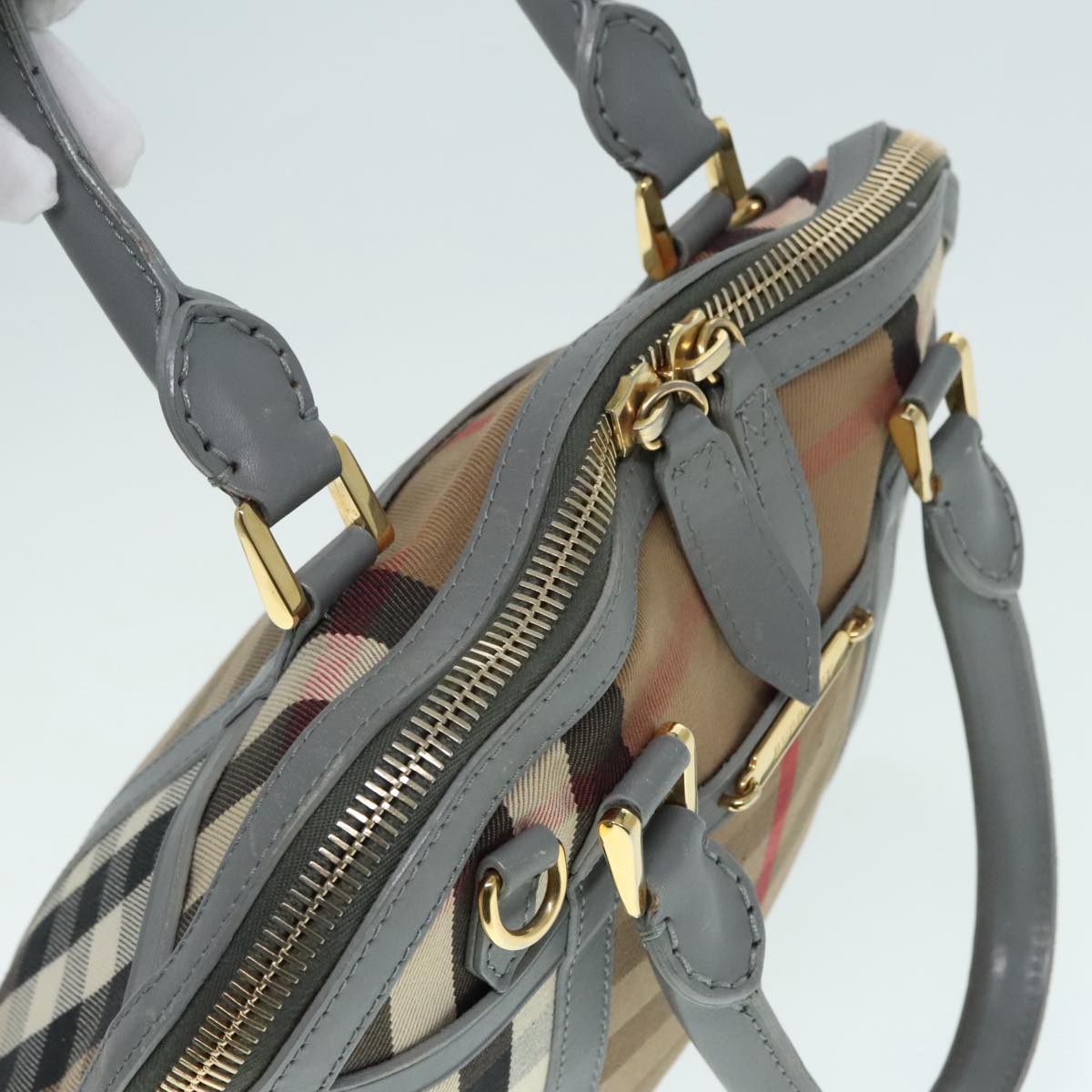 BURBERRY Nova Check Hand Bag Canvas Leather Beige Gold Auth 90998