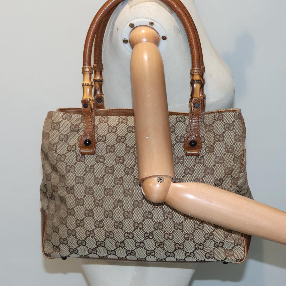 GUCCI GG Canvas Bamboo Hand Bag Beige 112526 Auth 91004