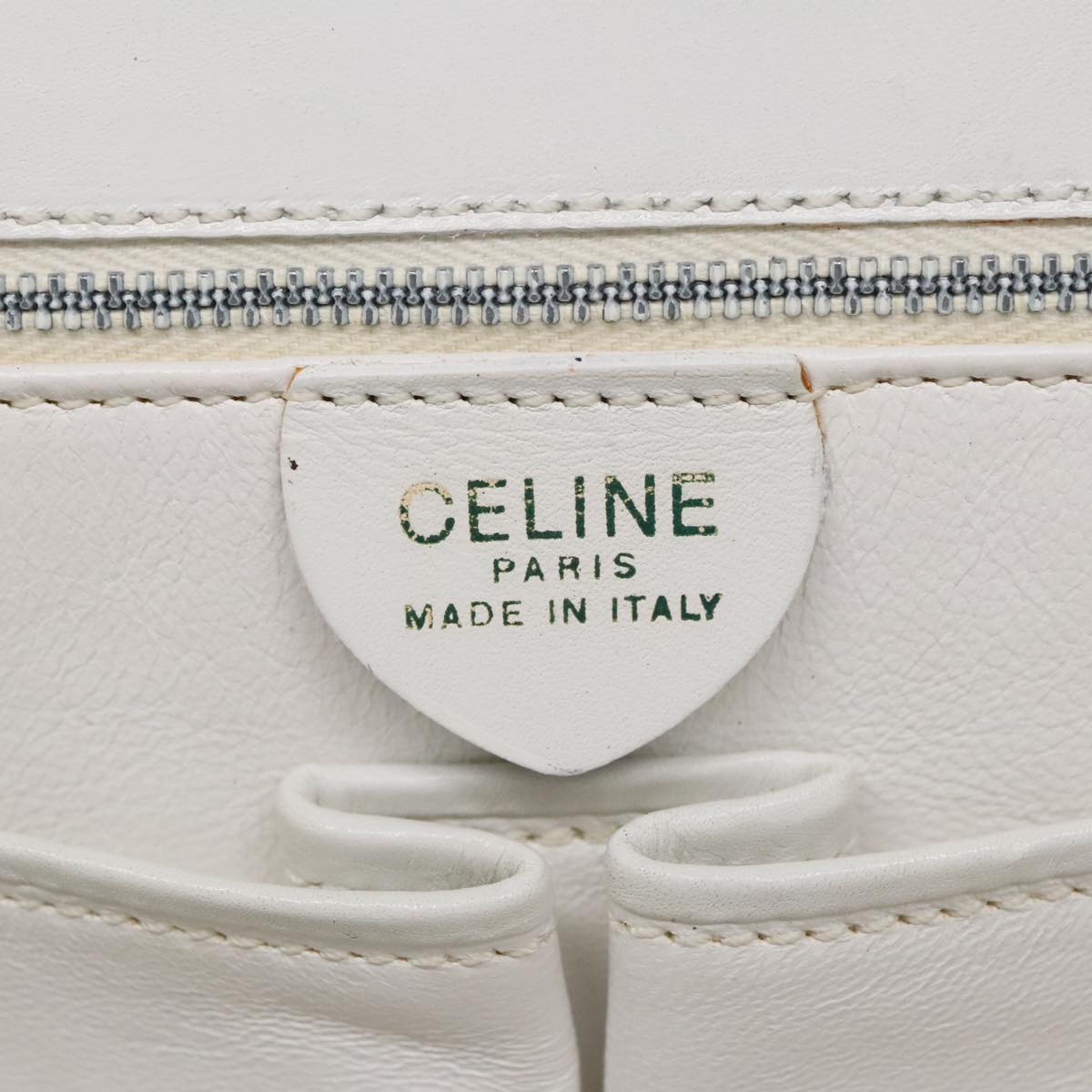 CELINE Hand Bag Leather White Gold Auth 91010