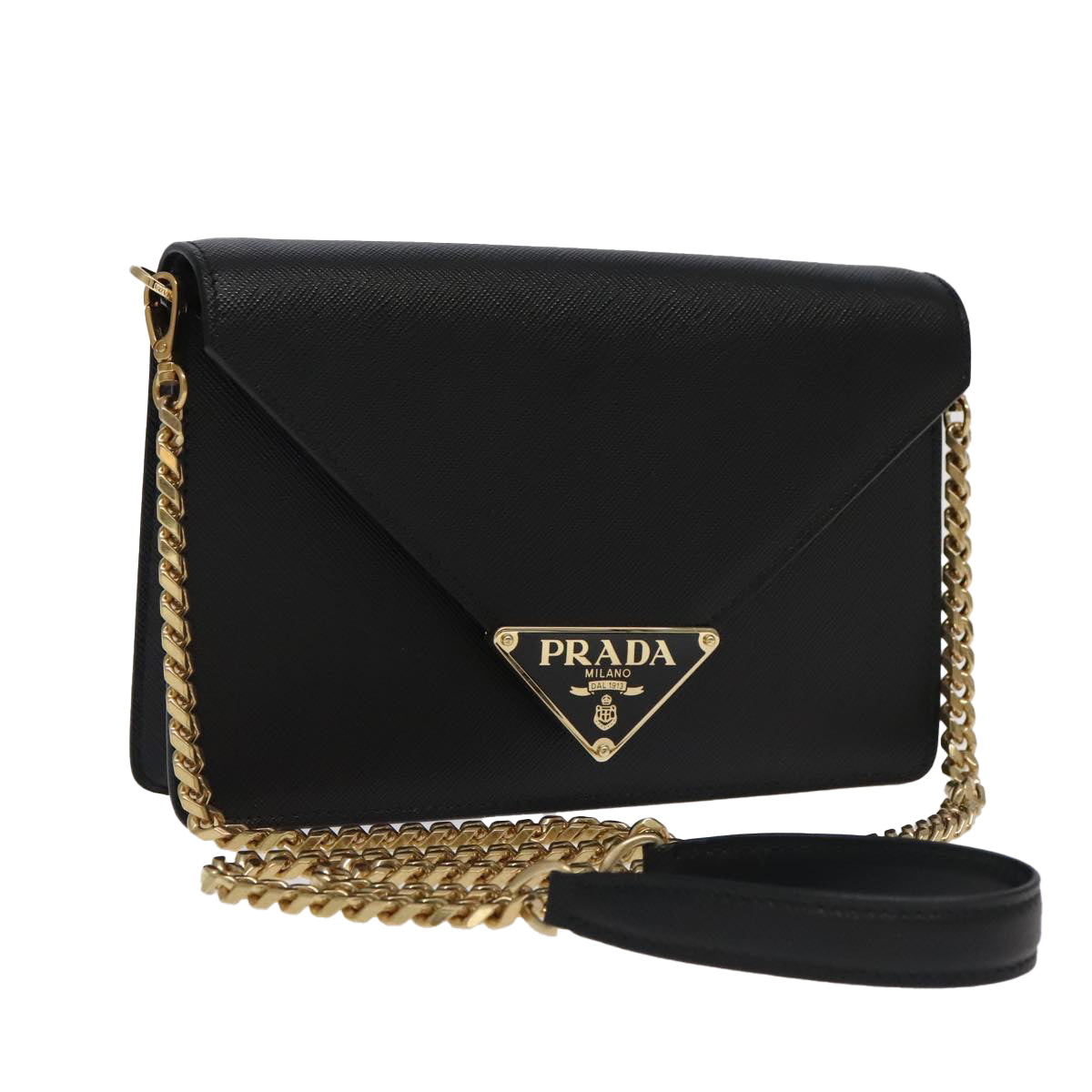 PRADA Chain Shoulder Bag Safiano leather Gold Black Auth 91020S