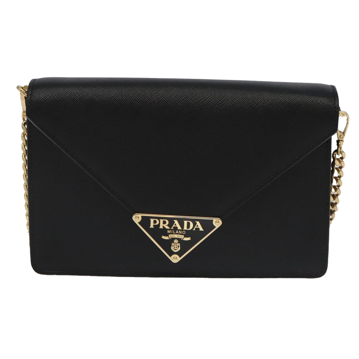 PRADA Chain Shoulder Bag Safiano leather Gold Black Auth 91020S