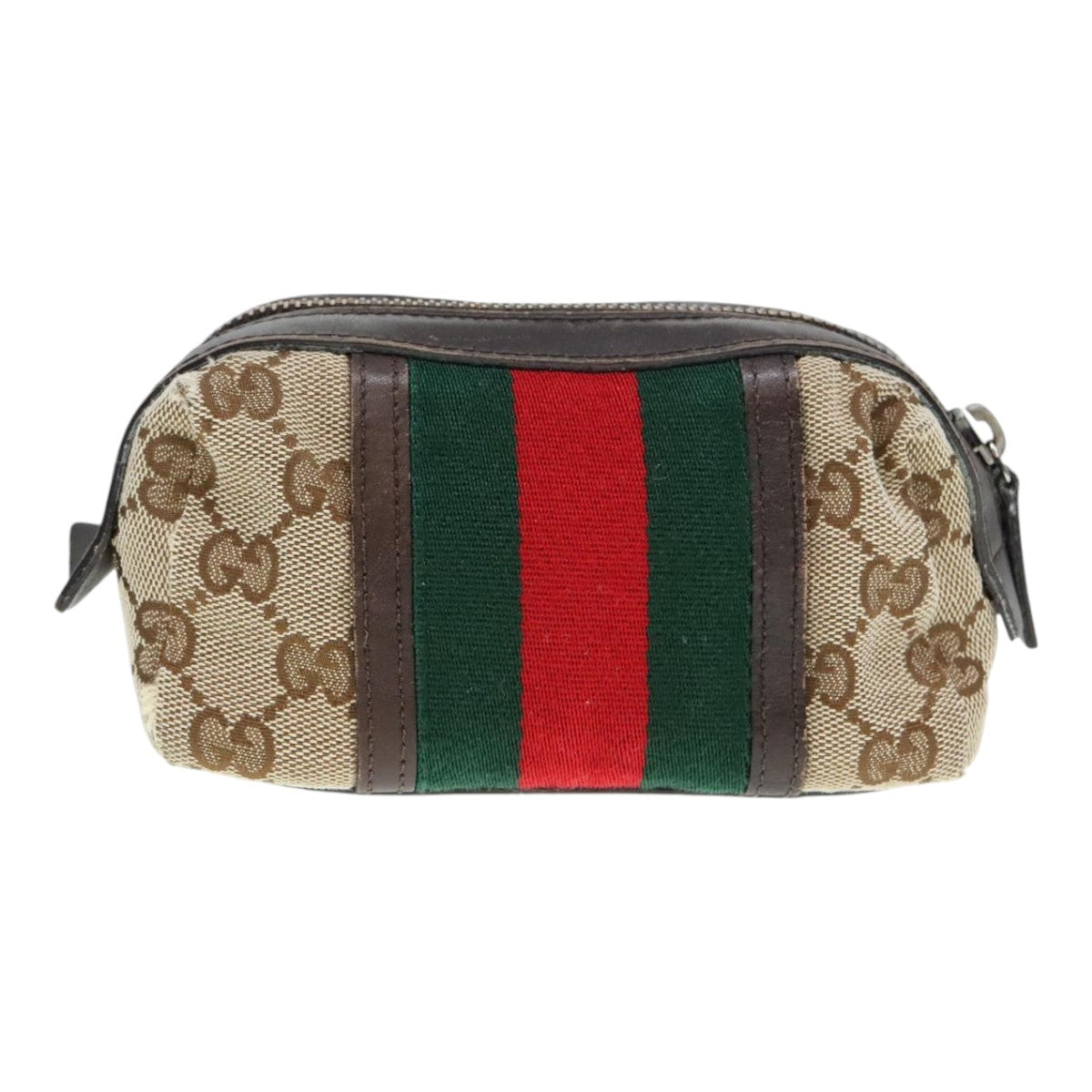 GUCCI GG Canvas Web Sherry Line Pouch Beige Silver Red 256639 Auth 91188