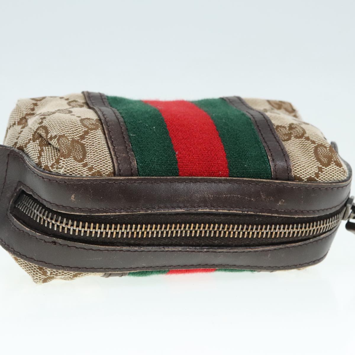 GUCCI GG Canvas Web Sherry Line Pouch Beige Silver Red 256639 Auth 91188