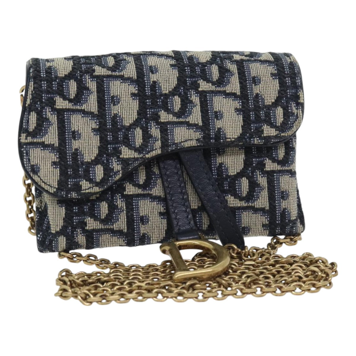 Christian Dior Trotter Canvas Saddle Nano Chain Pouch Navy Gold Auth 91190A