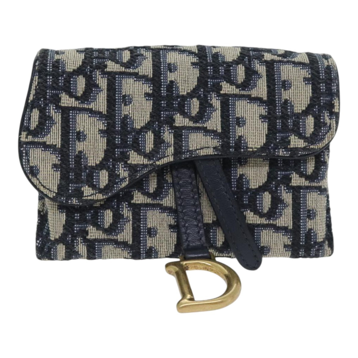 Christian Dior Trotter Canvas Saddle Nano Chain Pouch Navy Gold Auth 91190A