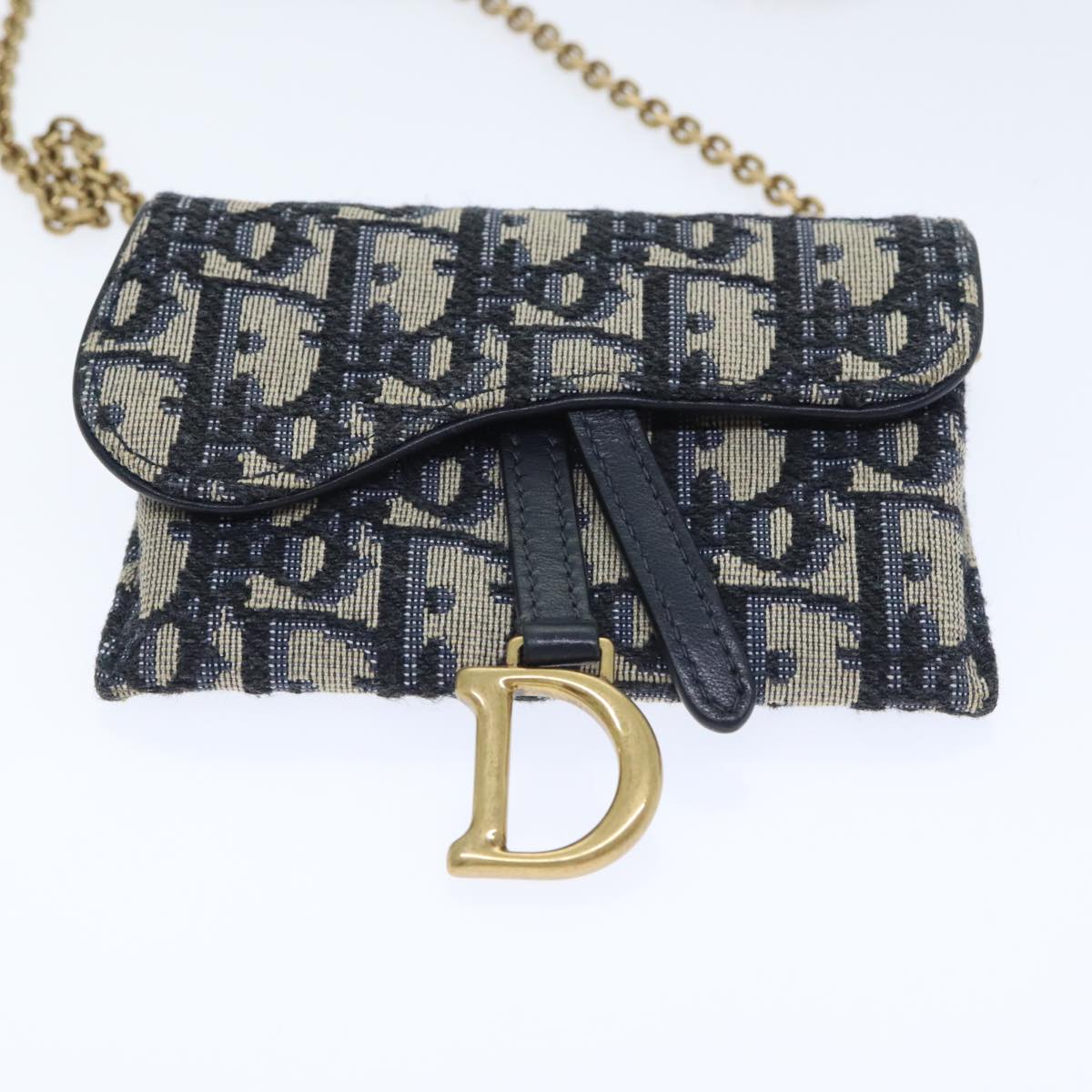 Christian Dior Trotter Canvas Saddle Nano Chain Pouch Navy Gold Auth 91190A