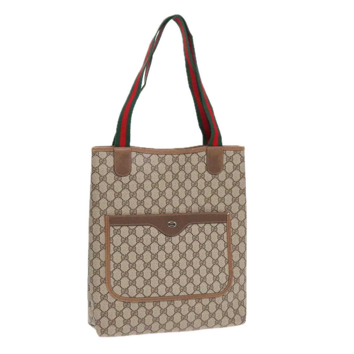 GUCCI GG Canvas Web Sherry Line Tote Bag PVC Leather Beige Green Red Auth 91194