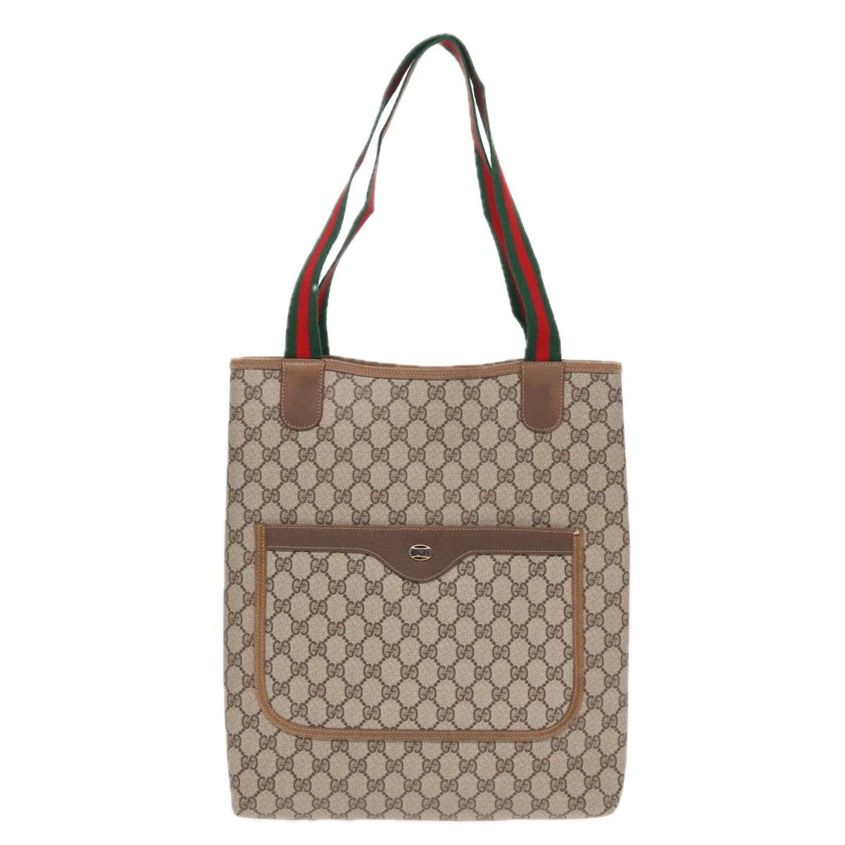 GUCCI GG Canvas Web Sherry Line Tote Bag PVC Leather Beige Green Red Auth 91194