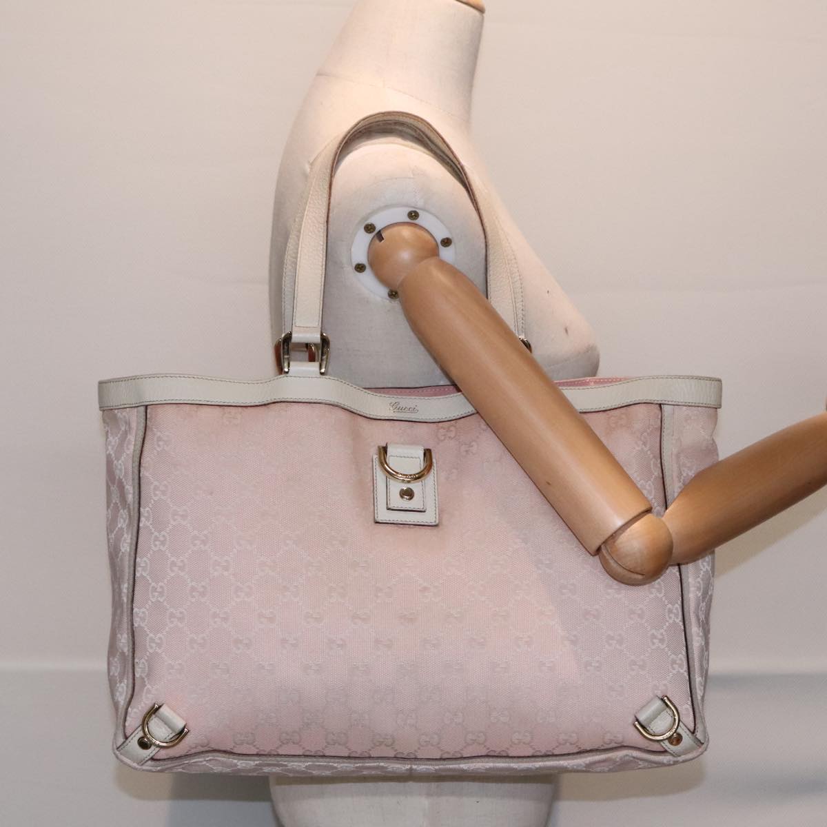 GUCCI GG Canvas Tote Bag Pink White Gold 141472 Auth 91204