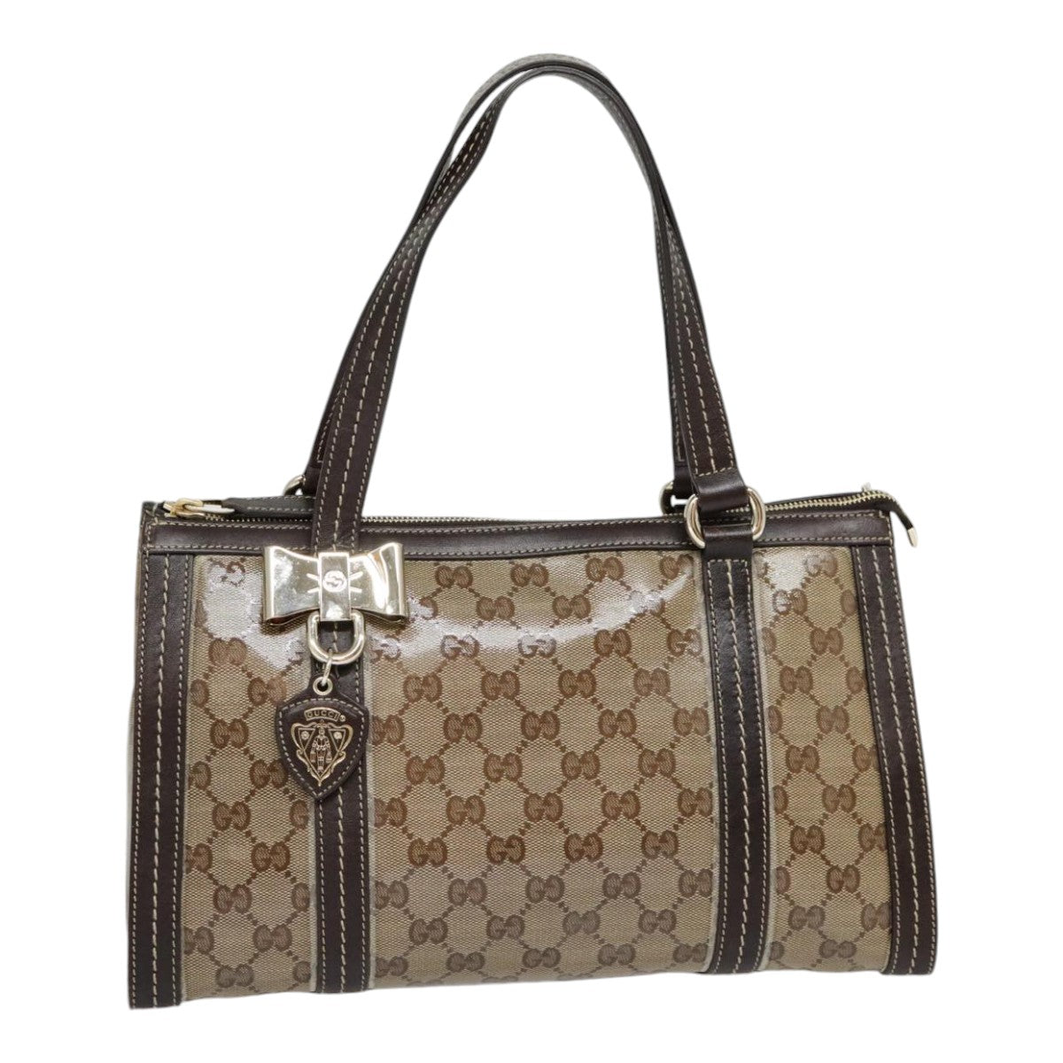 GUCCI GG Crystal Hand Bag Coated Canvas Beige Dark Brown Gold 181490 Auth 91206