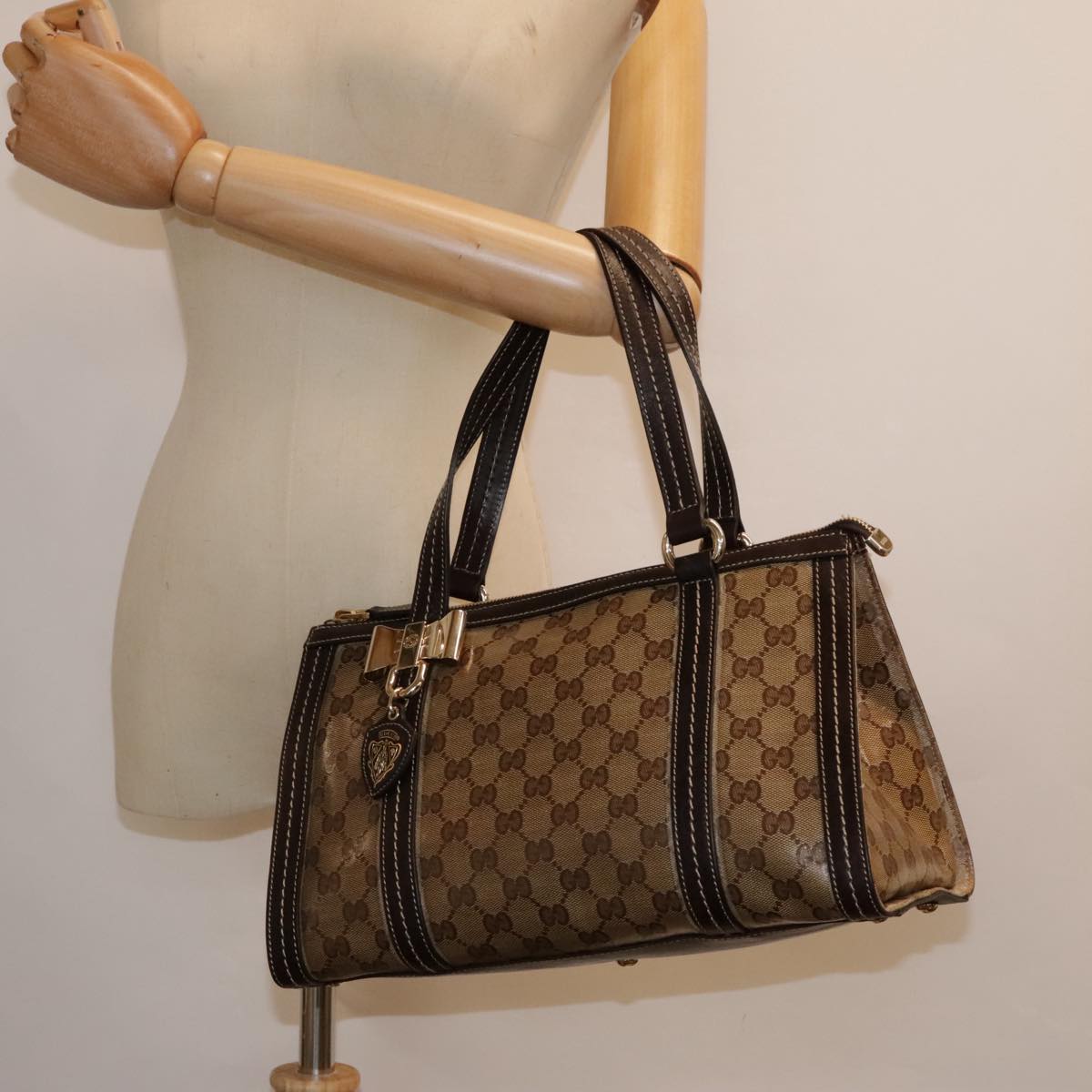 GUCCI GG Crystal Hand Bag Coated Canvas Beige Dark Brown Gold 181490 Auth 91206