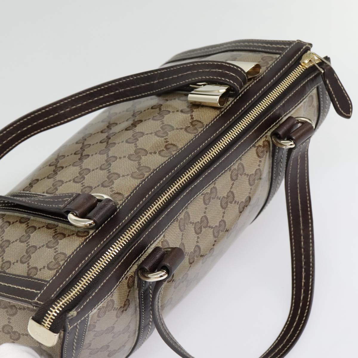 GUCCI GG Crystal Hand Bag Coated Canvas Beige Dark Brown Gold 181490 Auth 91206