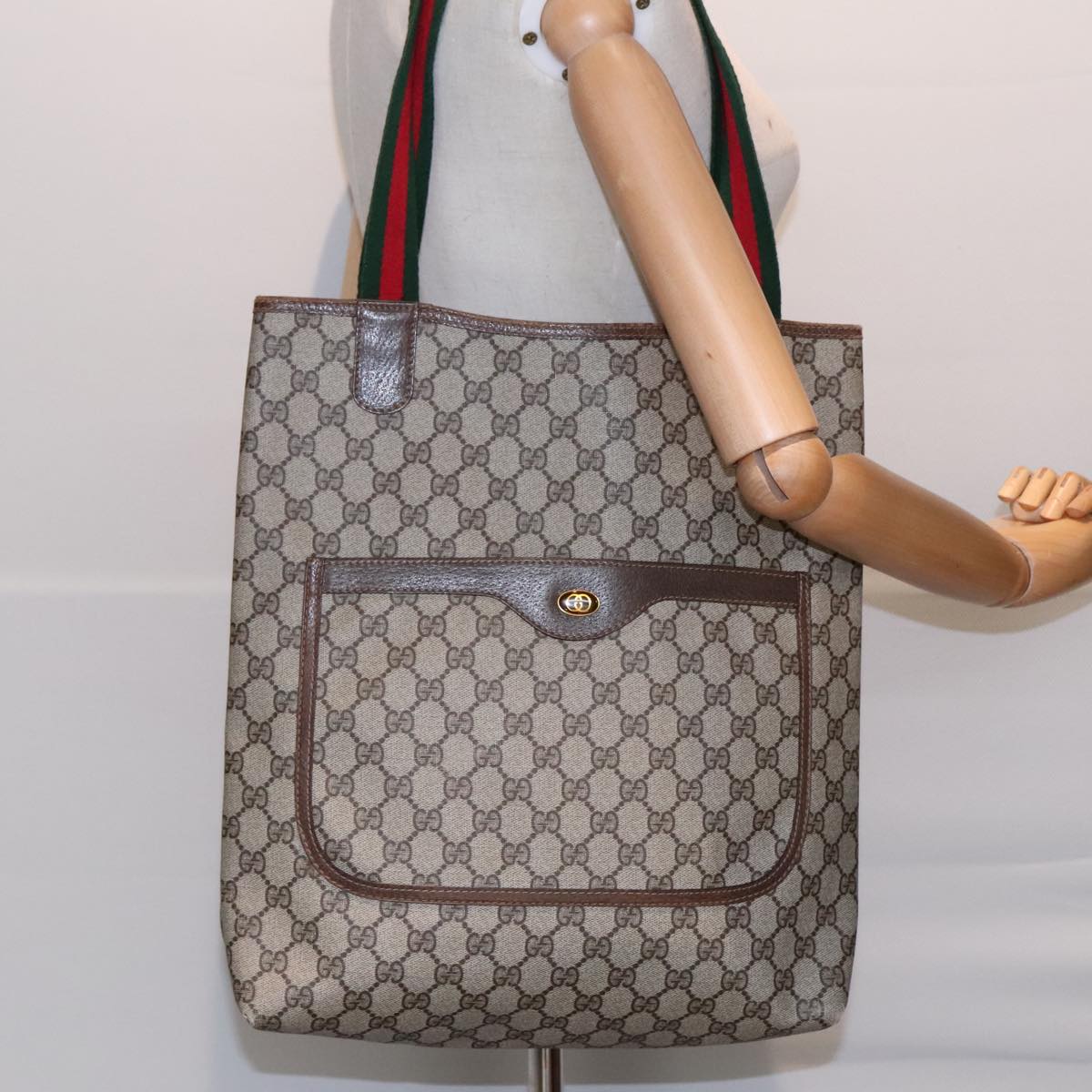 GUCCI GG Supreme Web Sherry Line Tote Bag PVC Beige Red 39 002 4487 Auth 91212