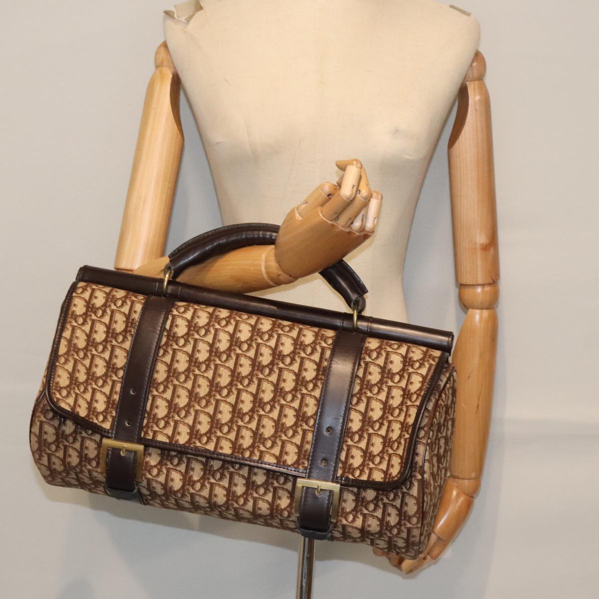 Christian Dior Trotter Canvas Hand Bag Beige Dark Brown gold Auth 91221