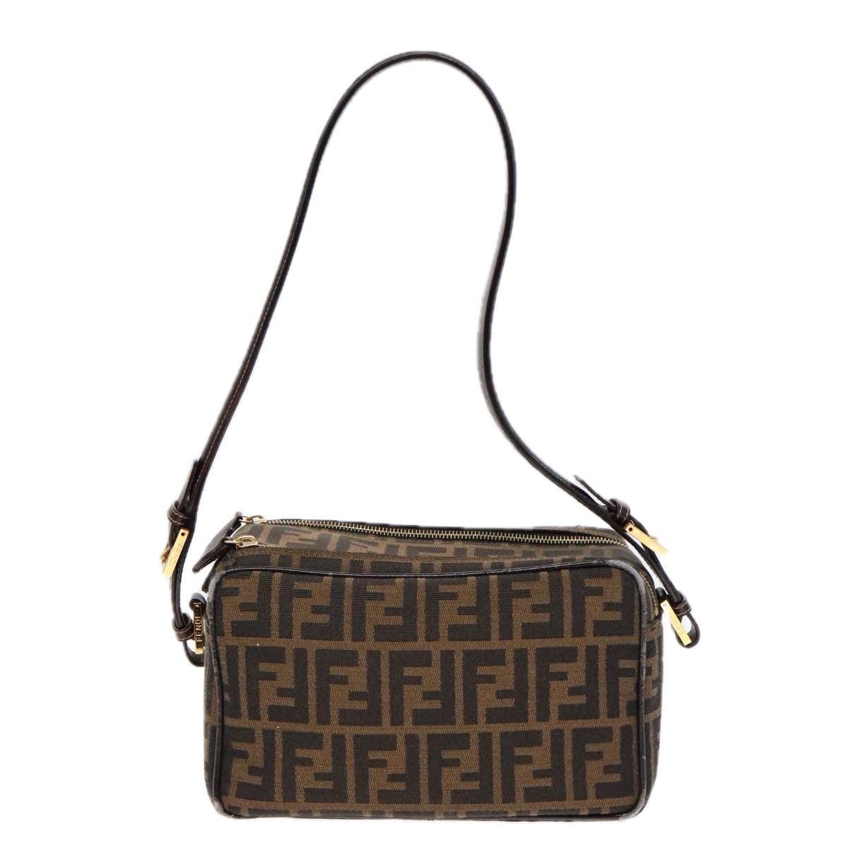 FENDI Zucca Canvas Shoulder Bag Brown Black gold Auth 91227