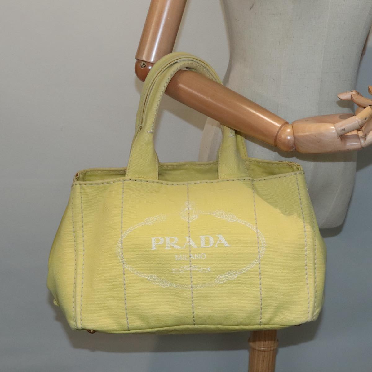 PRADA Canapa MM Hand Bag Canvas Yellow Gold Auth 91234