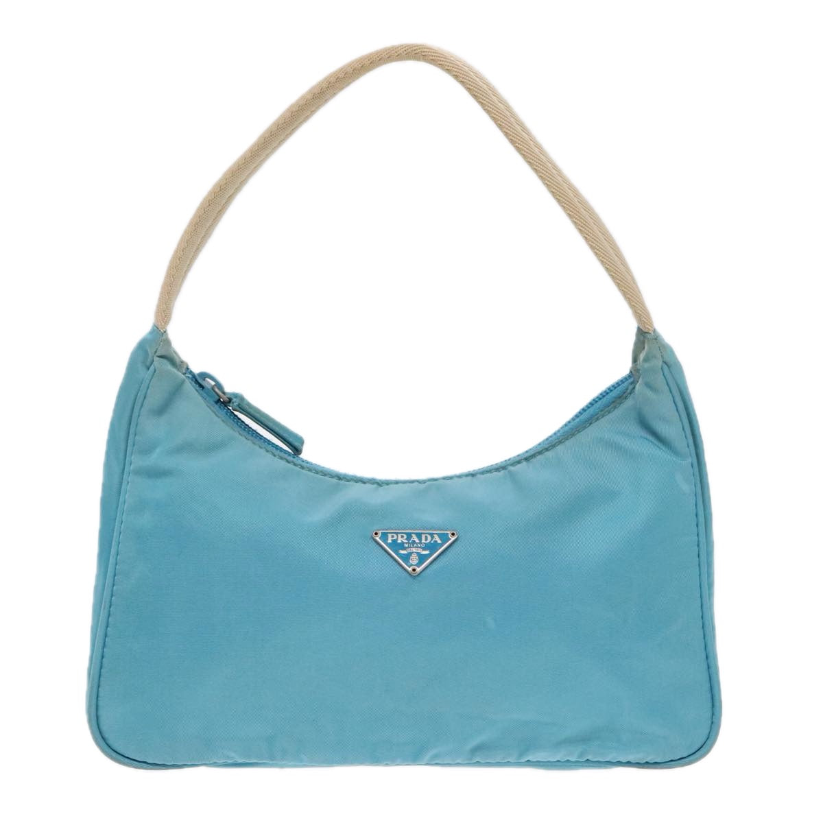 PRADA Hand Bag Nylon Light Blue Beige Silver Auth 91237