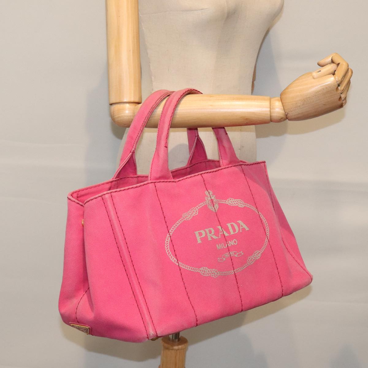 PRADA Canapa MM Hand Bag Canvas Pink Gold Auth 91241