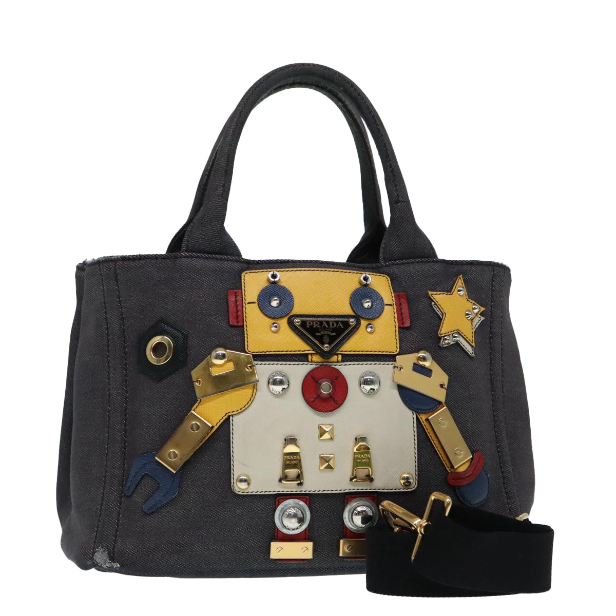 PRADA Canapa PM Robot Hand Bag Canvas 2way Purple Gold Auth 91244