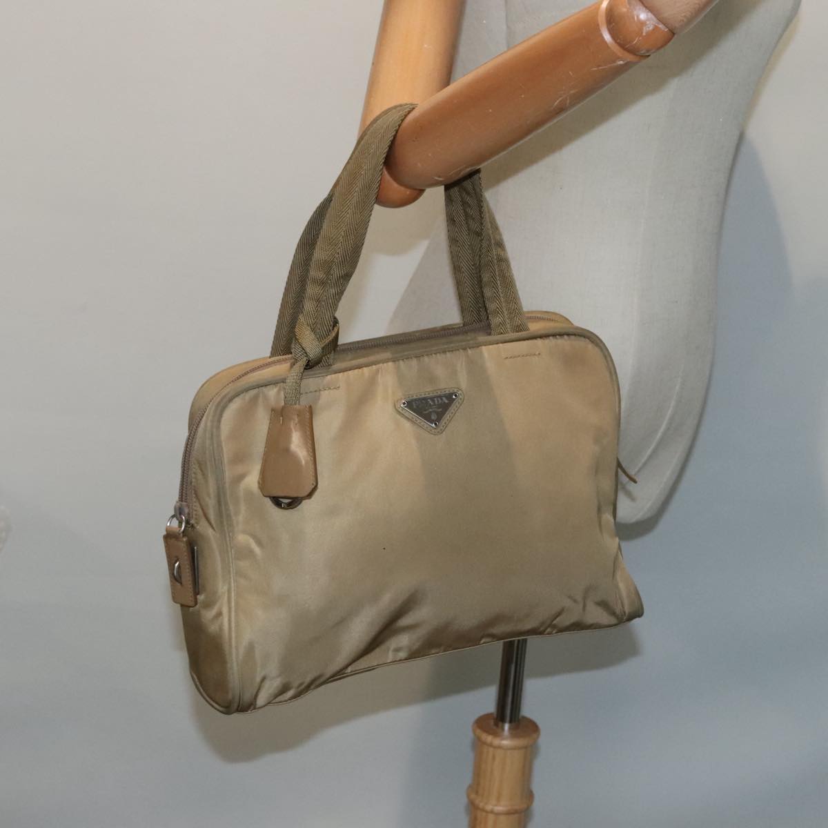 PRADA Hand Bag Nylon Khaki Silver Auth 91246