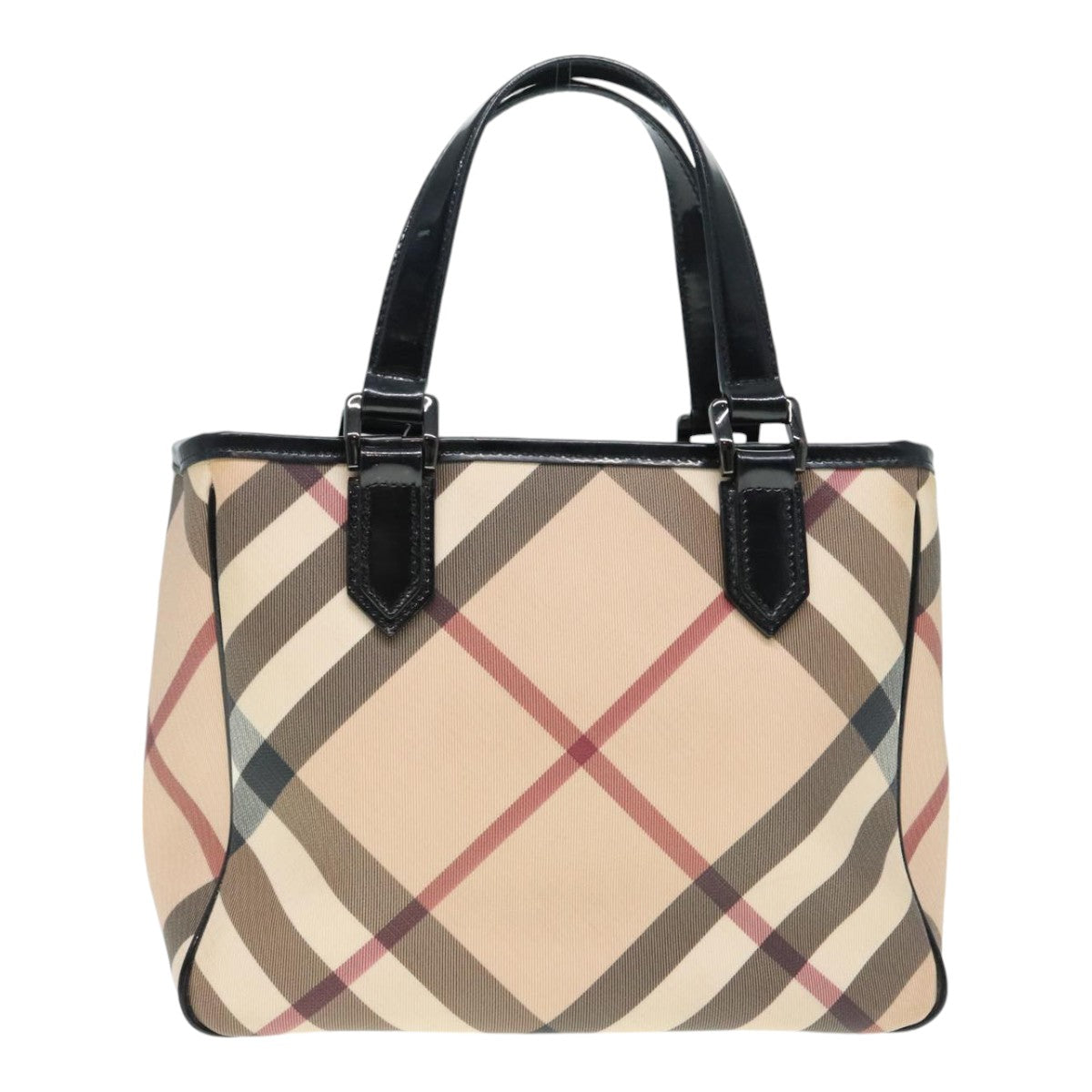 BURBERRY Nova Check Hand Bag PVC Beige Silver Auth 91263