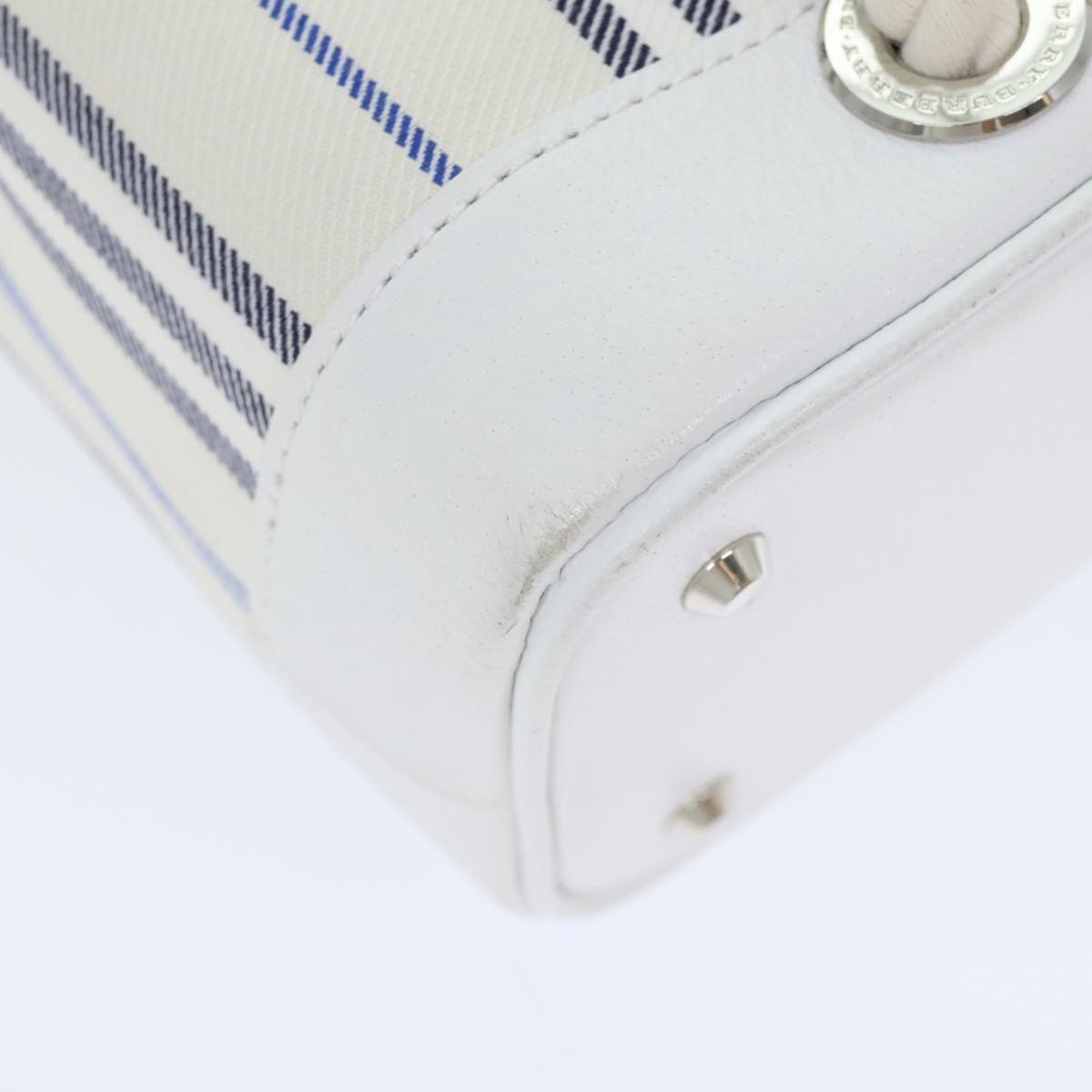 BURBERRY Hand Bag Canvas White Navy Silver Auth 91265