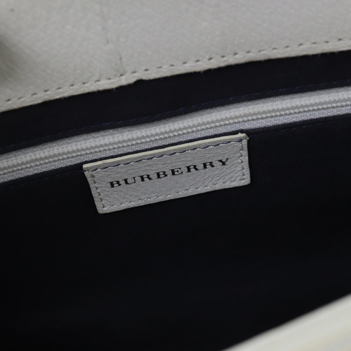 BURBERRY Hand Bag Canvas White Navy Silver Auth 91265