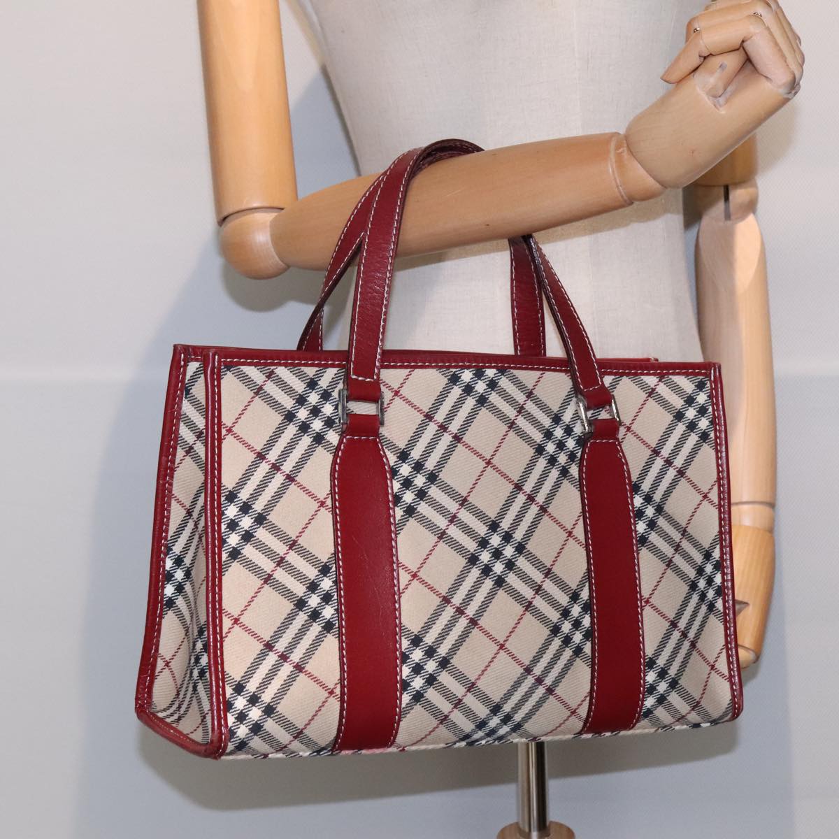 BURBERRY Nova Check Blue Label Hand Bag Canvas Beige Red Silver Auth 91274