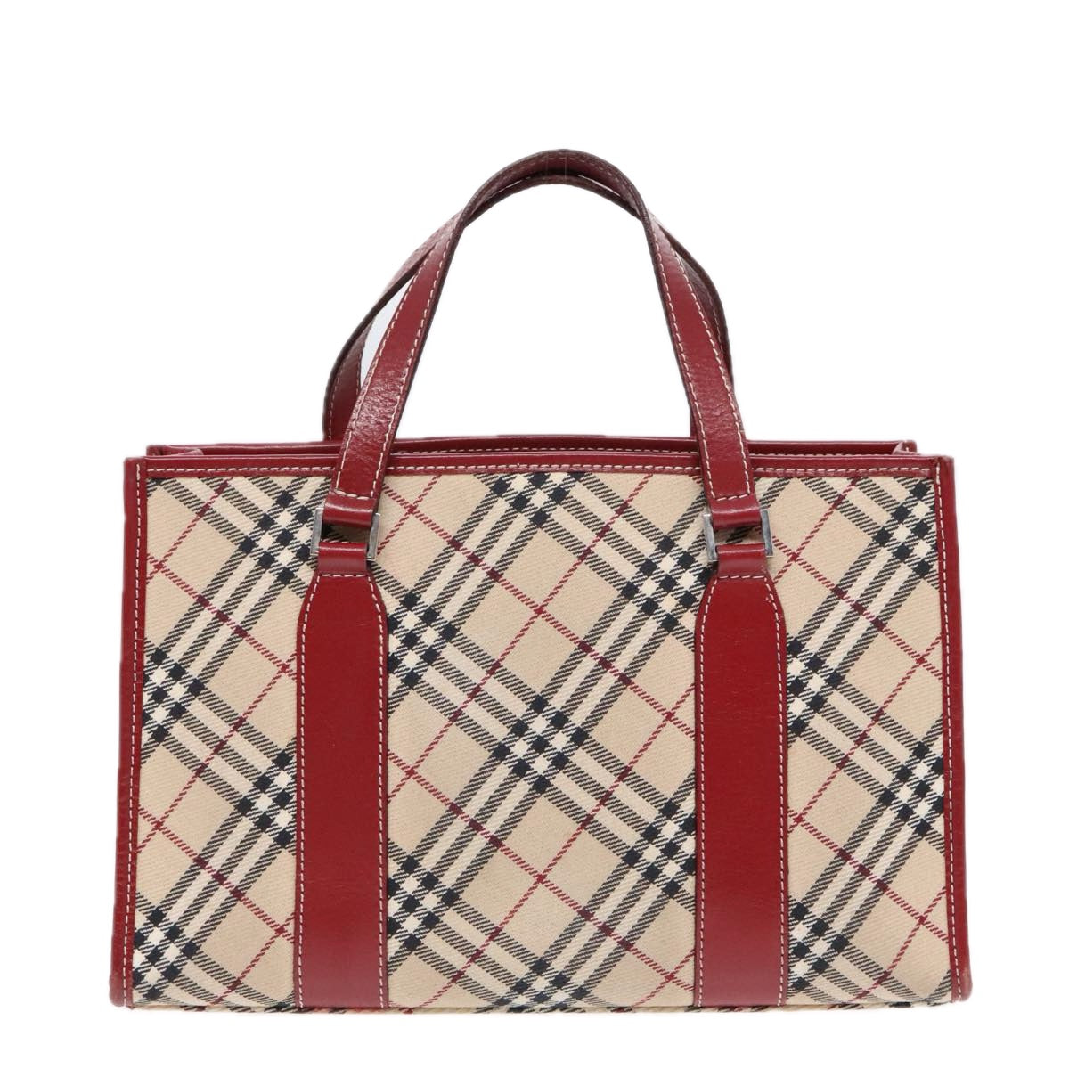 BURBERRY Nova Check Blue Label Hand Bag Canvas Beige Red Silver Auth 91274