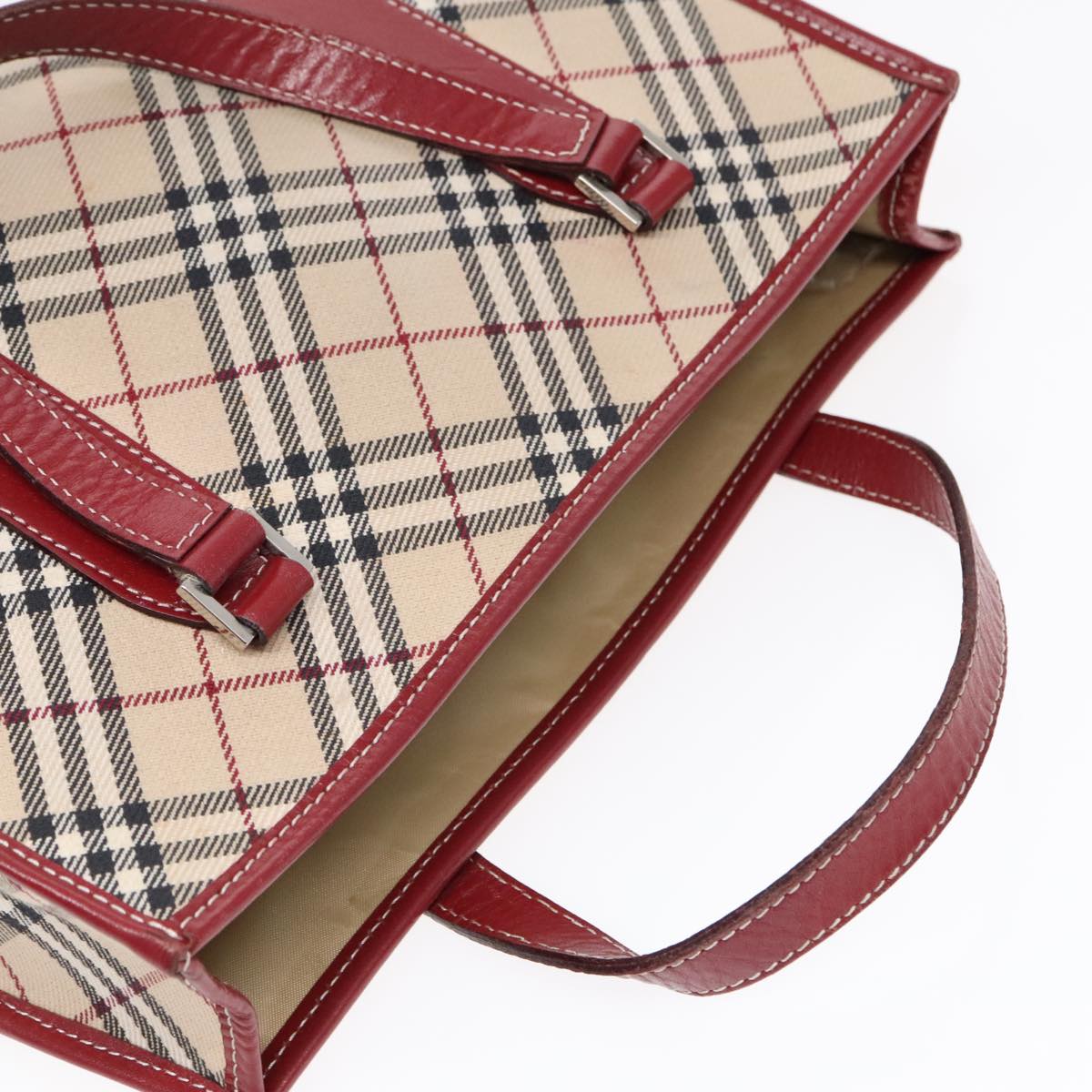 BURBERRY Nova Check Blue Label Hand Bag Canvas Beige Red Silver Auth 91274