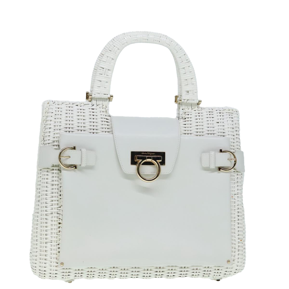 Salvatore Ferragamo Gancini Hand Bag Wicker White Gold Auth 91280