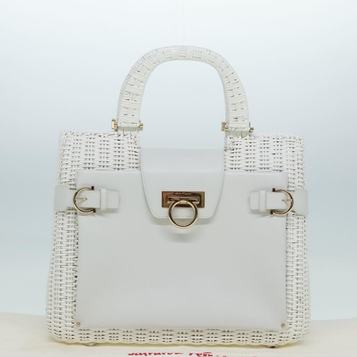 Salvatore Ferragamo Gancini Hand Bag Wicker White Gold Auth 91280