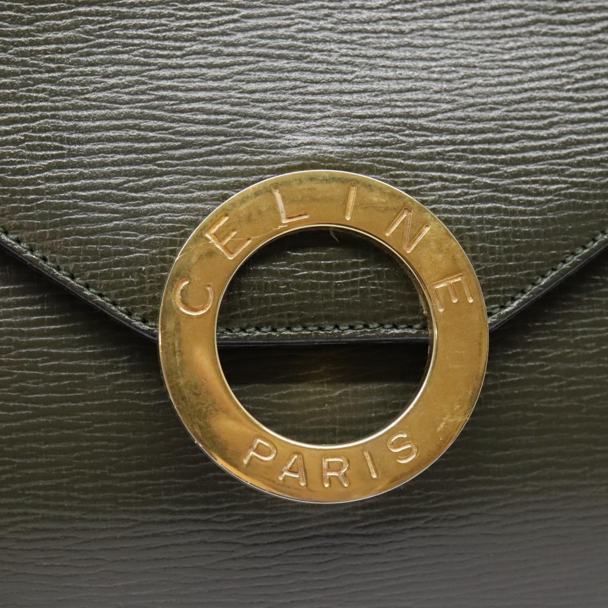 CELINE Circle Shoulder Bag Leather Khaki Gold Auth 91293