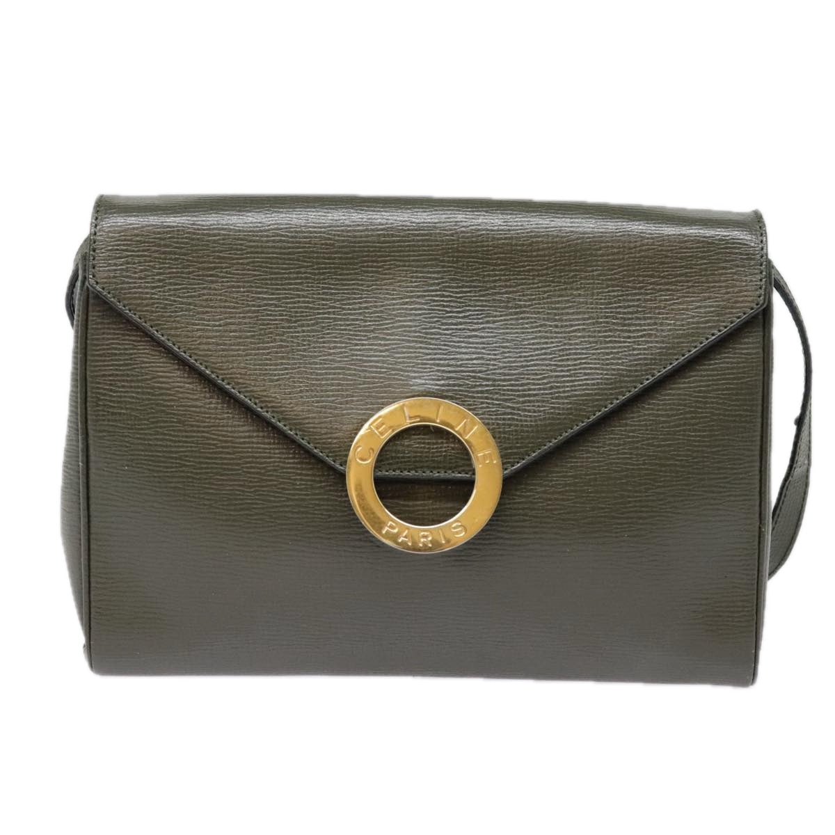 CELINE Circle Shoulder Bag Leather Khaki Gold Auth 91293