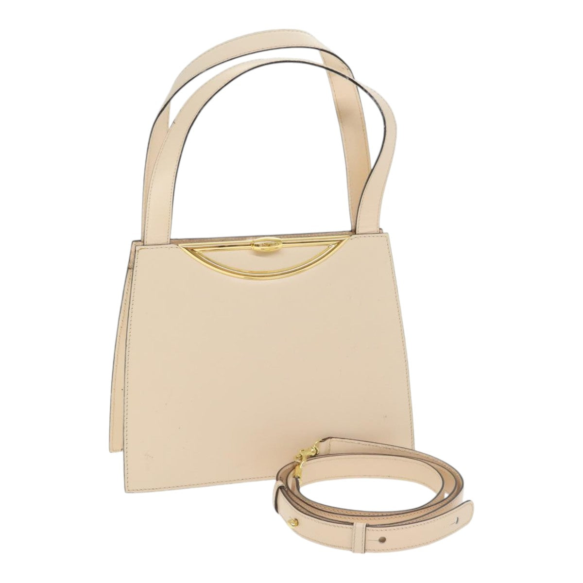 CELINE Hand Bag Leather 2way Cream Gold Auth 91296