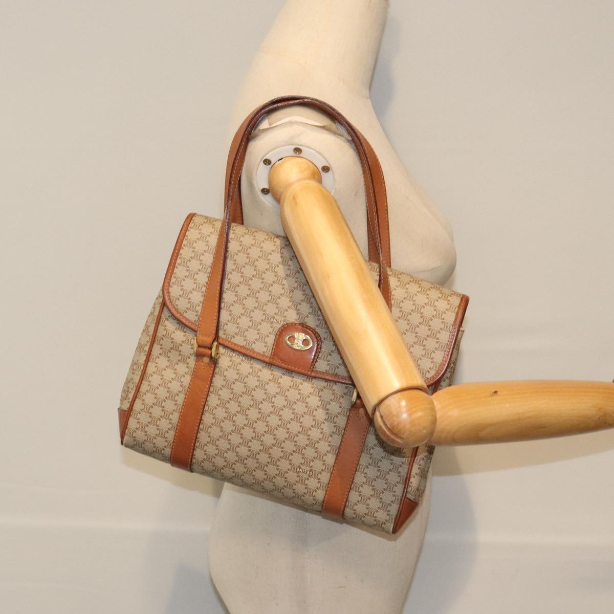 CELINE Macadam Canvas Hand Bag Beige Gold Auth 91300