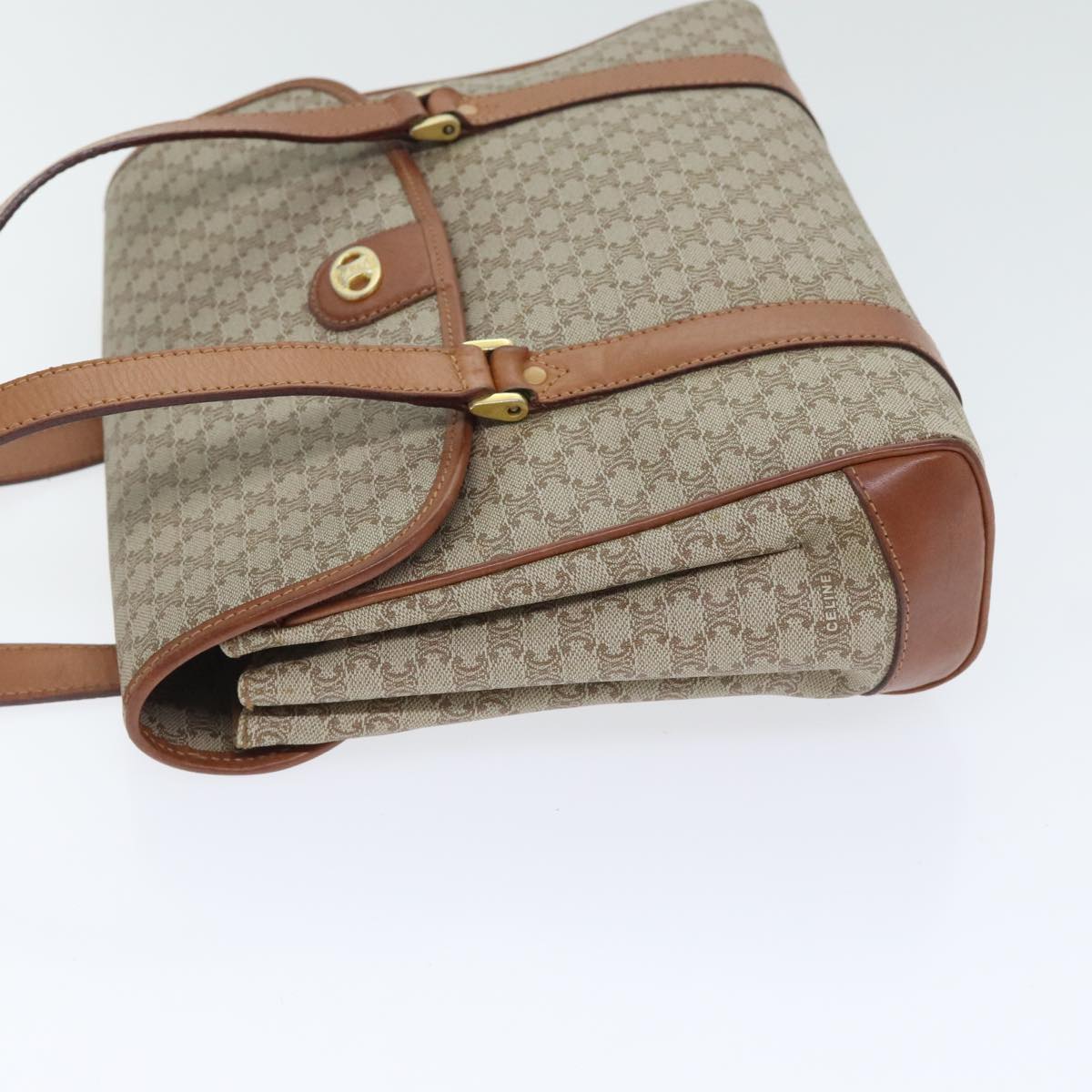 CELINE Macadam Canvas Hand Bag Beige Gold Auth 91300