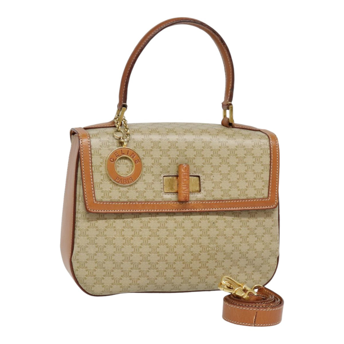 CELINE Macadam Canvas Hand Bag 2way Beige Gold Auth 91306