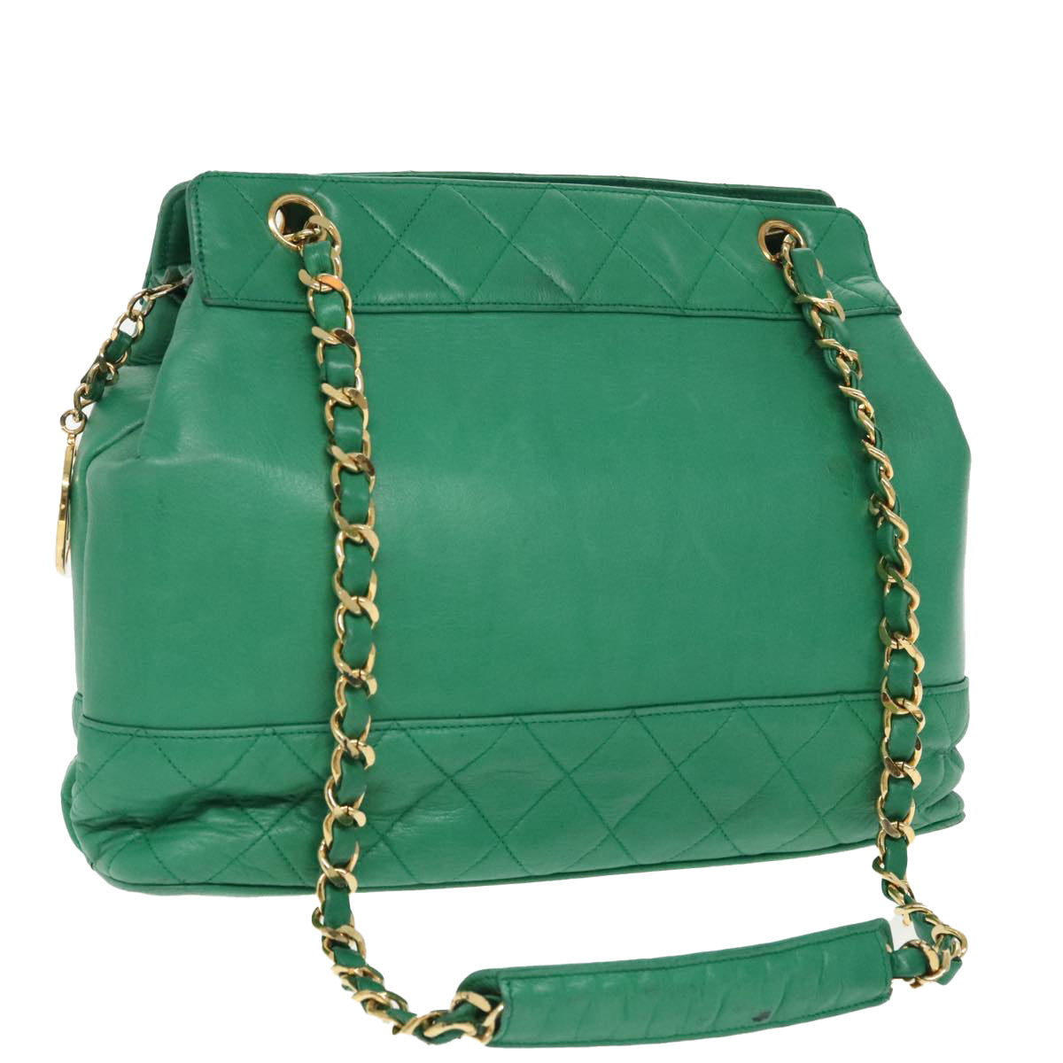 CHANEL Chain Shoulder Bag Lamb Skin Green Gold CC Auth 91322