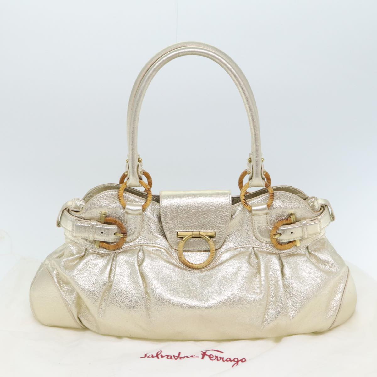 Salvatore Ferragamo Gancini Hand Bag Leather Gold Tone Gold Auth 91343A